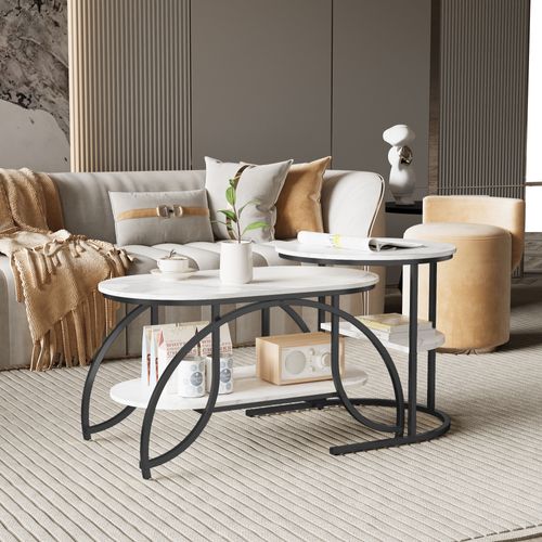 Lot De 2 Tables Basses Gigognes, Table Basse Ronde En Marbre, Tables D'appoint Ronde, Noirs + Blanc