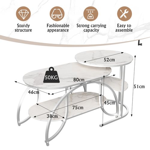 Lot De 2 Tables Basses Gigognes, Table Basse Ronde En Marbre, Tables D'appoint Ronde, Argent + Blanc