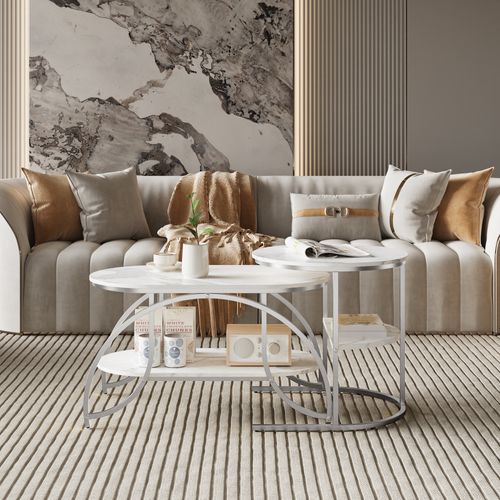 Lot De 2 Tables Basses Gigognes, Table Basse Ronde En Marbre, Tables D'appoint Ronde, Argent + Blanc