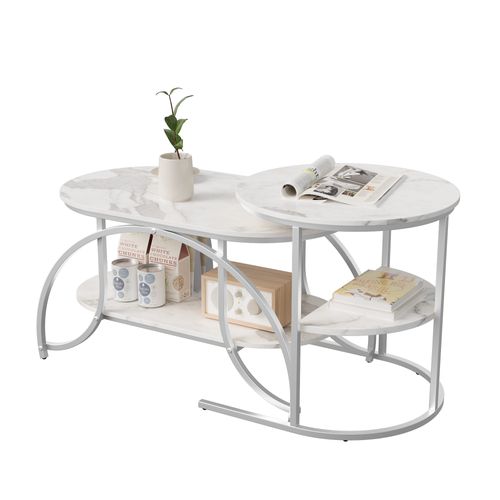 Lot De 2 Tables Basses Gigognes, Table Basse Ronde En Marbre, Tables D'appoint Ronde, Argent + Blanc