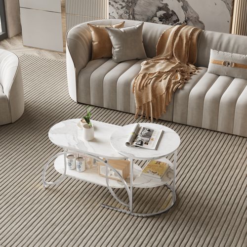 Lot De 2 Tables Basses Gigognes, Table Basse Ronde En Marbre, Tables D'appoint Ronde, Argent + Blanc