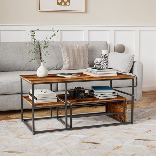 Lot De 2 Tables Basses Gigognes, Table Basses Rectangulaires Amovibles, Cadre En Métal, Bois-foncé