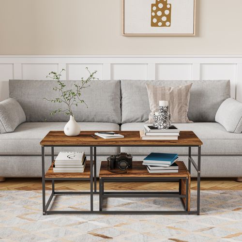 Lot De 2 Tables Basses Gigognes, Table Basses Rectangulaires Amovibles, Cadre En Métal, Bois-foncé