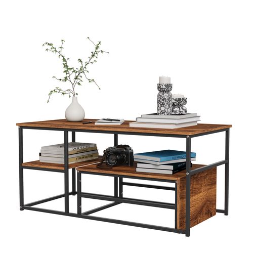 Lot De 2 Tables Basses Gigognes, Table Basses Rectangulaires Amovibles, Cadre En Métal, Bois-foncé