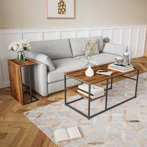 Lot De 2 Tables Basses Gigognes, Table Basses Rectangulaires Amovibles, Cadre En Métal, Bois-foncé