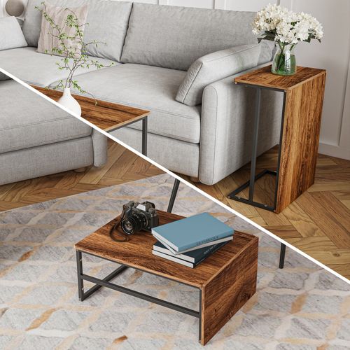 Lot De 2 Tables Basses Gigognes, Table Basses Rectangulaires Amovibles, Cadre En Métal, Bois-foncé