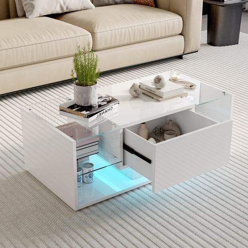 Table Basse Flottante LED Blanche 100 X 50 X 35 Cm, Plateau En Verre Trempé, Haute Brillance