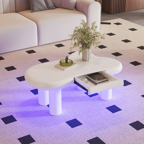 Table Basse En Mdf Blanc Effet Nuage Avec LED 16 Couleurs Et Tiroirs - Avec Espace De Rangement