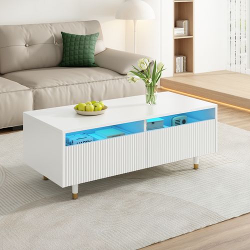 Table Basse LED Moderne Dispose D'une Plaque De Tiroir Ondulée, De Pieds En Bois Doré, Blanc