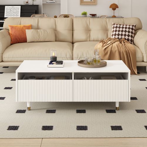 Table Basse LED Moderne Dispose D'une Plaque De Tiroir Ondulée, De Pieds En Bois Doré, Blanc