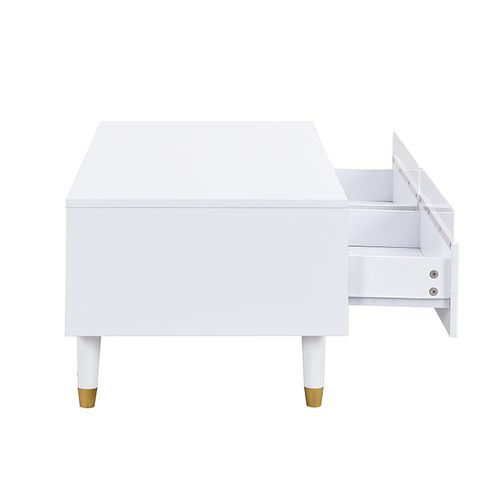 Table Basse LED Moderne Dispose D'une Plaque De Tiroir Ondulée, De Pieds En Bois Doré, Blanc
