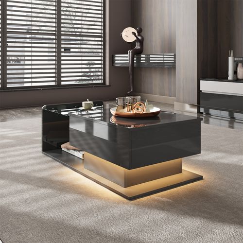 Table Basse Noire Avec Plateau En Verre Et Plateau Brillant, Table D'appoint LED Avec Tiroir Noir