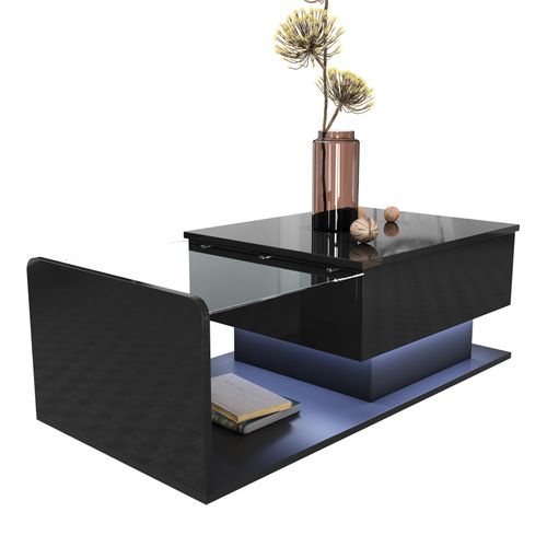Table Basse Noire Avec Plateau En Verre Et Plateau Brillant, Table D'appoint LED Avec Tiroir Noir