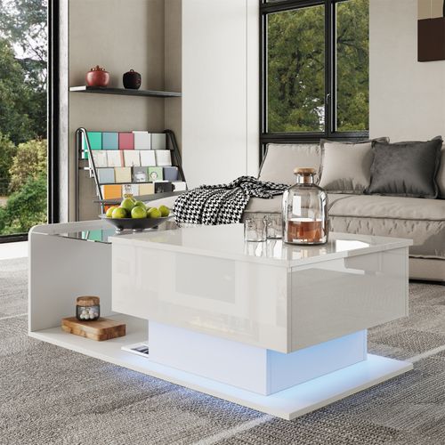 Table Basse, Table Basse 100 X 50 X 33/47,5 Cm Avec Verre Et Effet LED, Avec Plateau En Verre, Blanc