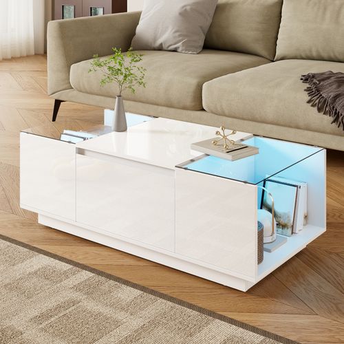 Table Basse Moderne Et Minimaliste De 105 Cm Avec Rangement, Éclairage LED D'ambiance, Blanc