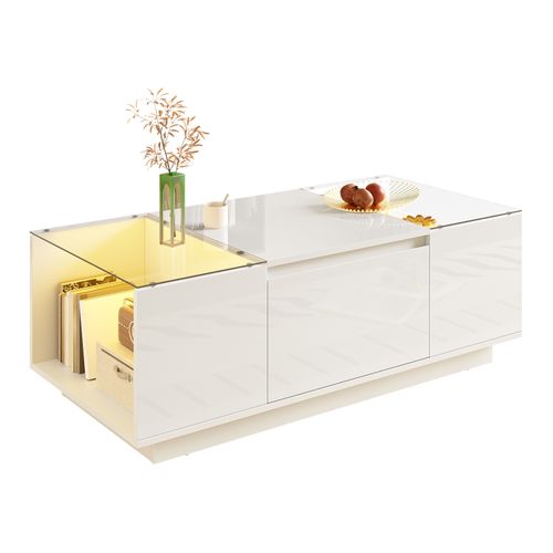 Table Basse Moderne Et Minimaliste De 105 Cm Avec Rangement, Éclairage LED D'ambiance, Blanc