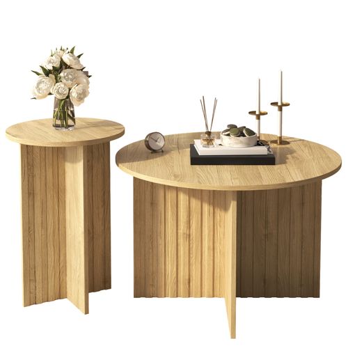 Lot De 2 Tables Basses Modernes En Bois - Tables Basses Rondes Au Design Scandinave - 76x76x50cm