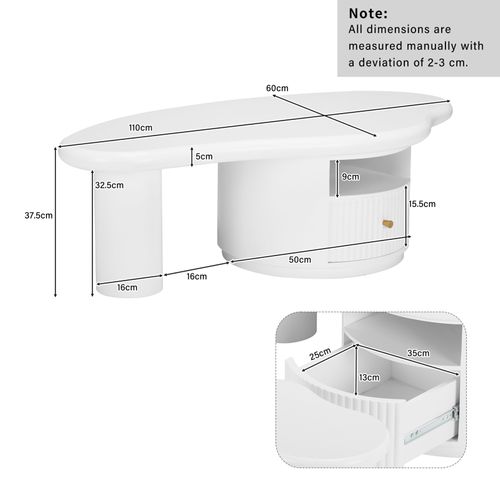 Table Basse Irrégulière En Forme De Nuage, 110x 60x 37.5cm, Plateau En Mdf Avec 1 Tiroir, Blanc