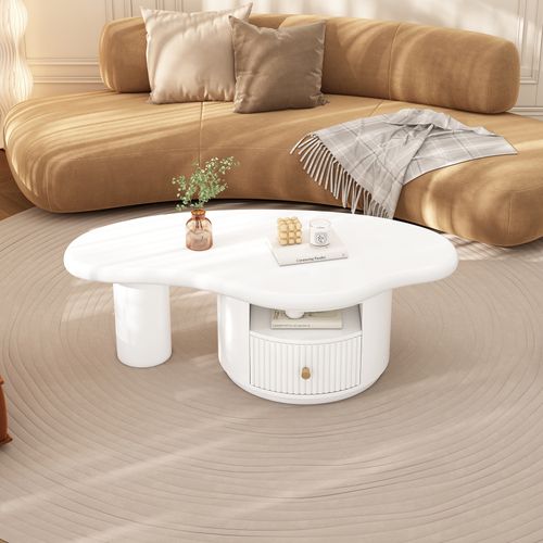 Table Basse Irrégulière En Forme De Nuage, 110x 60x 37.5cm, Plateau En Mdf Avec 1 Tiroir, Blanc