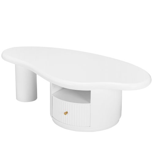 Table Basse Irrégulière En Forme De Nuage, 110x 60x 37.5cm, Plateau En Mdf Avec 1 Tiroir, Blanc