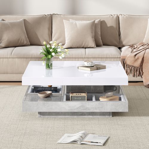 Table Basse Carrée Avec Rotation à 360 Degrés - Avec Compartiment De Rangement, Gris + Blanc