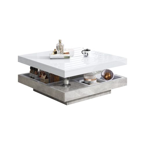 Table Basse Carrée Avec Rotation à 360 Degrés - Avec Compartiment De Rangement, Gris + Blanc