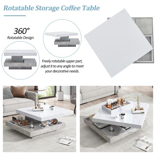 Table Basse Carrée Avec Rotation à 360 Degrés - Avec Compartiment De Rangement, Gris + Blanc