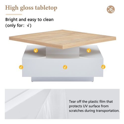 Table Basse Carrée, Table Basse Blanc Rotative à 360 °,  Avec Tiroirs De Rangement, 70 X 70 X 36 Cm