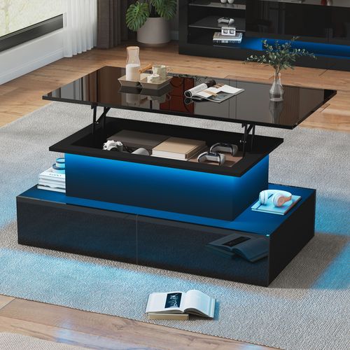 Table Basse Relevable, Avec 4 Tiroirs, Table Basse LED, Meuble De Salon, Noir, 90 X 55 X 41 Cm