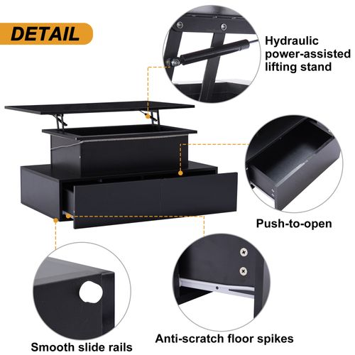 Table Basse Relevable, Avec 4 Tiroirs, Table Basse LED, Meuble De Salon, Noir, 90 X 55 X 41 Cm