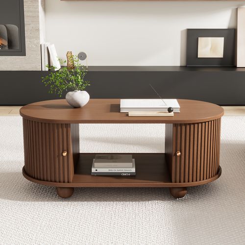 Table Basse Ovale Avec Portes Coulissantes Et Espace De Rangement, Pour Salon, 100x50x40cm, Noyer