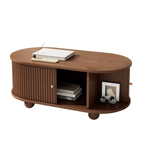 Table Basse Ovale Avec Portes Coulissantes Et Espace De Rangement, Pour Salon, 100x50x40cm, Noyer