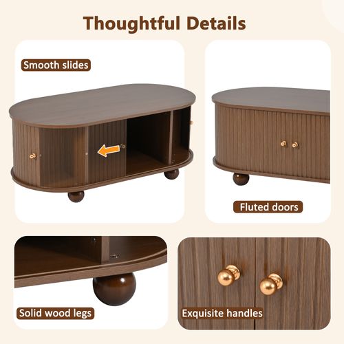 Table Basse Ovale Avec Portes Coulissantes Et Espace De Rangement, Pour Salon, 100x50x40cm, Noyer