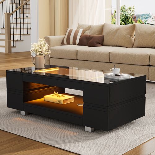 Table Basse Salon LED, Table Basse Noire Avec Rangement Ouvert, Comptoir En Verre, 100 X50x35cm