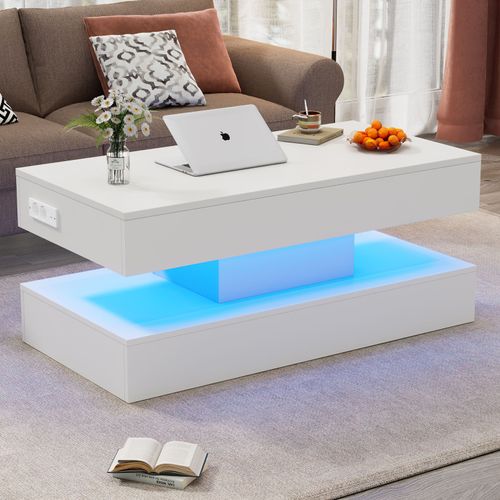 Table Basse Relevable Hydraulique Avec Plateau Extensible & 4 Tiroirs - Pliable, Roulettes, 100x50 Cm - Idéal Petit Appartement