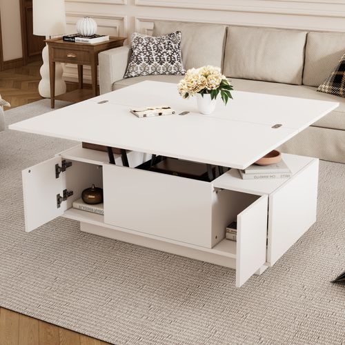 Tables Basses Avec 2 Plateau Relevable, 3 En 1 Table, 2 Portes, Pour Salon, Blanc, 100 X 50 X 55cm