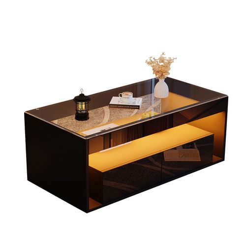 Table Basse Moderne Avec LED, Table Rectangulaire Avec 2 Grands Tiroirs, Noir, 100 × 50 × 40 Cm