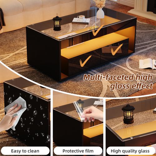 Table Basse Moderne Avec LED, Table Rectangulaire Avec 2 Grands Tiroirs, Noir, 100 × 50 × 40 Cm