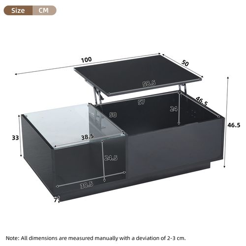 Table Basse LED, Table Basse Relevable Extensible Avec Espace De Rangement Caché Et Étagère, Noir