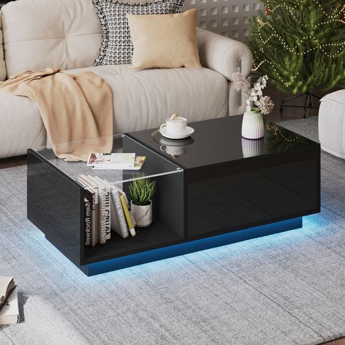 Table Basse LED, Table Basse Relevable Extensible Avec Espace De Rangement Caché Et Étagère, Noir