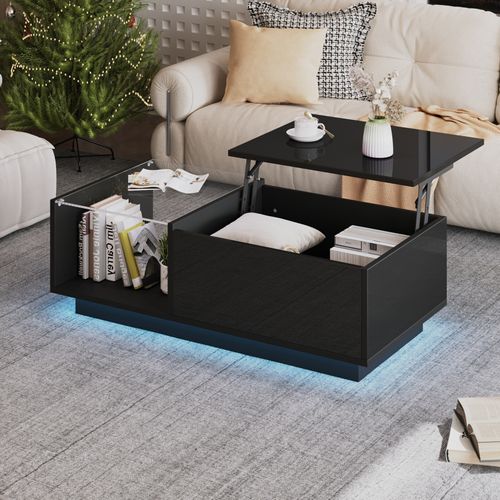 Table Basse LED, Table Basse Relevable Extensible Avec Espace De Rangement Caché Et Étagère, Noir