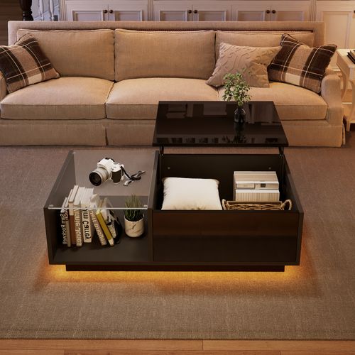 Table Basse LED, Table Basse Relevable Extensible Avec Espace De Rangement Caché Et Étagère, Noir