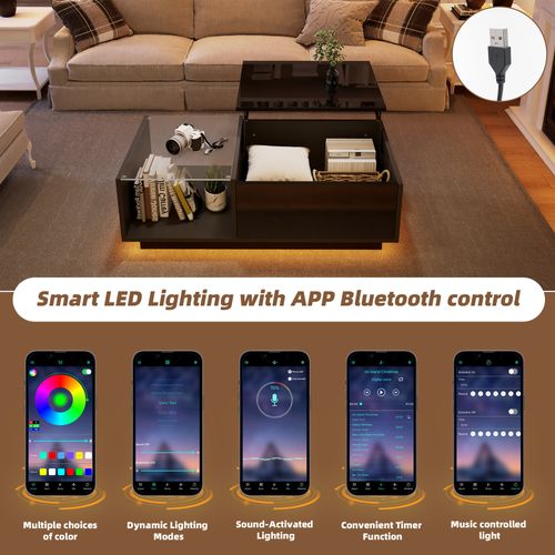 Table Basse LED, Table Basse Relevable Extensible Avec Espace De Rangement Caché Et Étagère, Noir