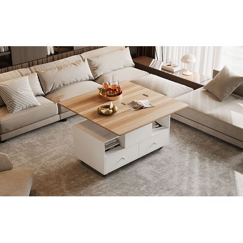 Table Basse Réglable En Hauteur, Avec 4 Tiroirs, Un Grand Et Un Petit Relevables Hydrauliques, Blanc