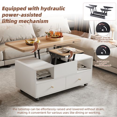 Table Basse Réglable En Hauteur, Avec 4 Tiroirs, Un Grand Et Un Petit Relevables Hydrauliques, Blanc