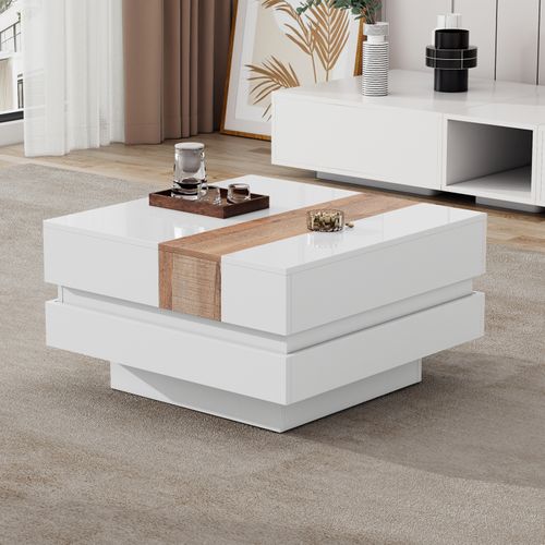 Table Basse Blanc Avec Plateau Coulissant, 2 Compartiments De Rangement, 70x70x39 Cm - Bois Naturel