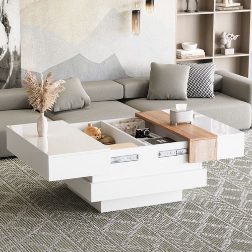 Table Basse Blanc Avec Plateau Coulissant, 2 Compartiments De Rangement, 70x70x39 Cm - Bois Naturel