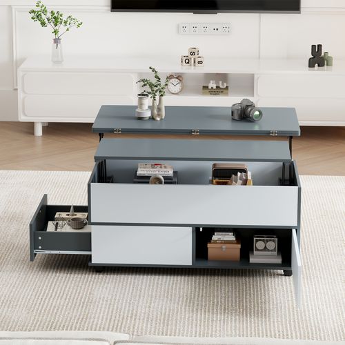 Table Basse 100 * 98 * 65cm, Réglable En Hauteur Avec Rangement Et Étagère Cachés, Avec Roulettes