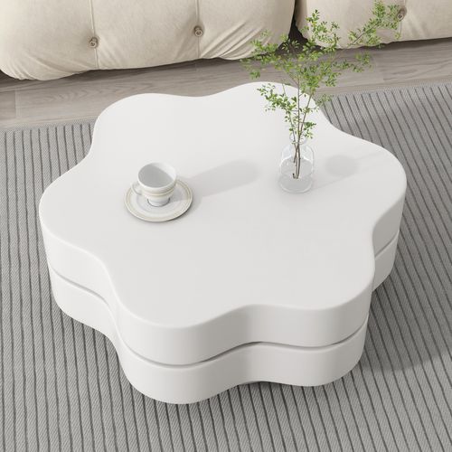 Table Basse à Fleurs, Table Centrale Rotative, Table Basse à Thé Avec Base En Acrylique, Blanc