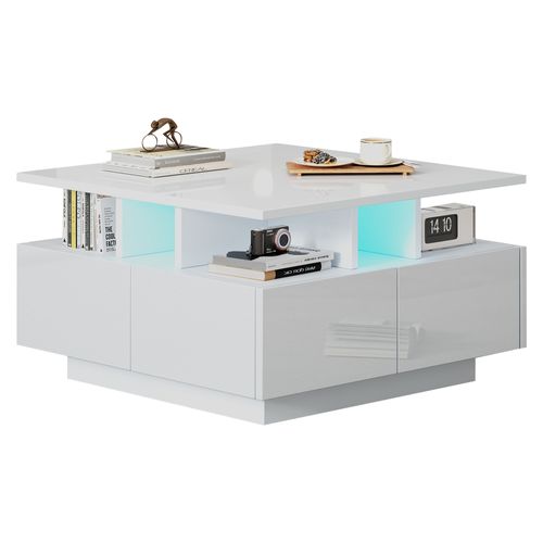 Table à Thé De Salon, Avec LED, Avec 4 Tiroirs, Avec Design Géométrique, 70 X 70 X 40 Cm, Blanc